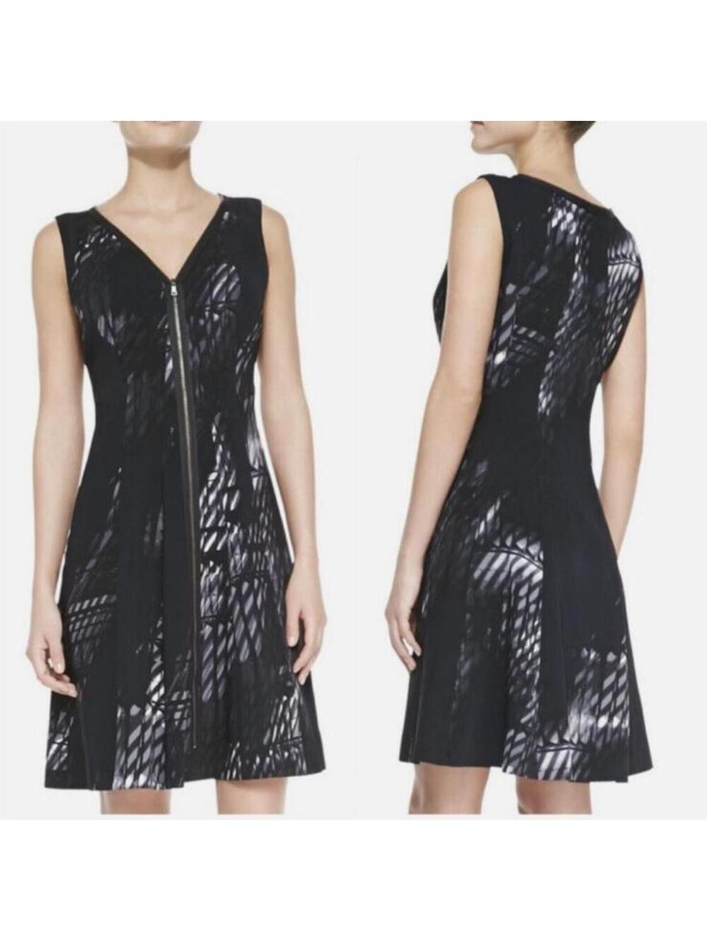 Tahari Lucine Sleeveless Zip-Front A-Line Mini Dress Black Gray Abstract Size 6